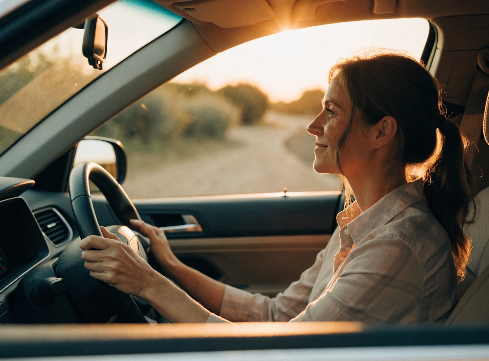 Mamá manejando una SUV con un atardecer de fondo